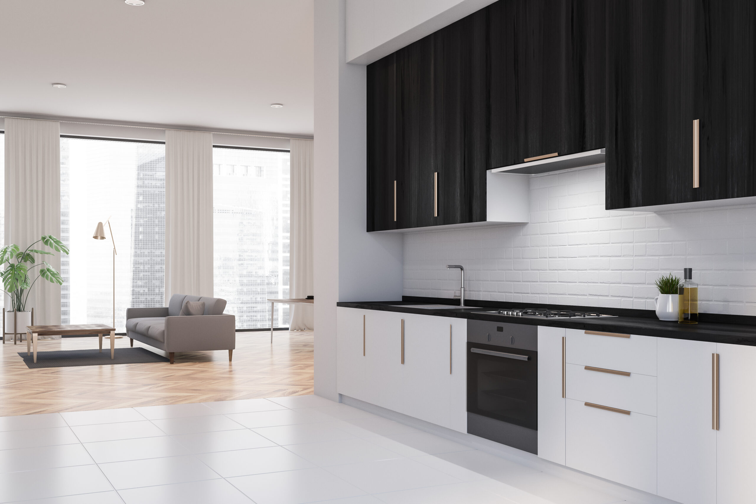 Corner of modern kitchen with white and black walls, white floor, white and black cupboards and sofa. 3d rendering
